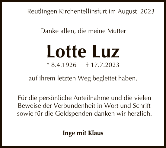 Anzeige von Lotte Luz von Reutlinger General-Anzeiger