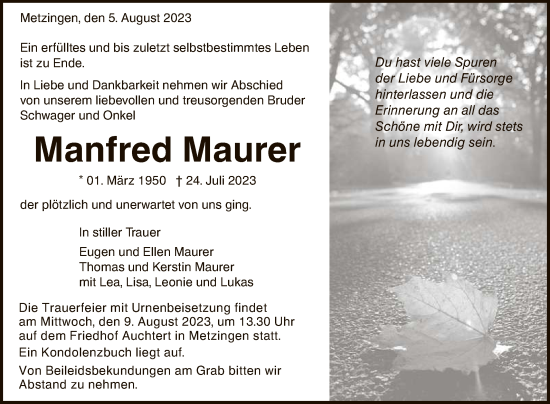 Anzeige von Manfred Maurer von Reutlinger General-Anzeiger
