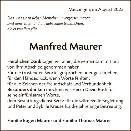 Anzeige von Manfred Maurer von Reutlinger General-Anzeiger