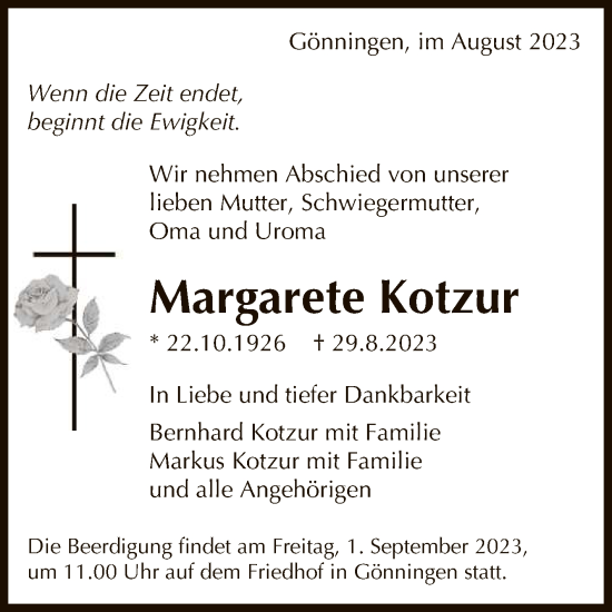 Anzeige von Margarete Kotzur von Reutlinger General-Anzeiger