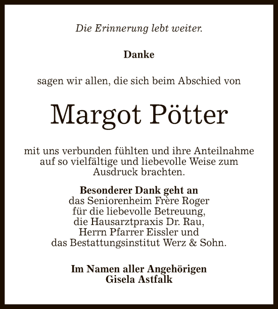 Anzeige von Margot Pötter von Reutlinger General-Anzeiger