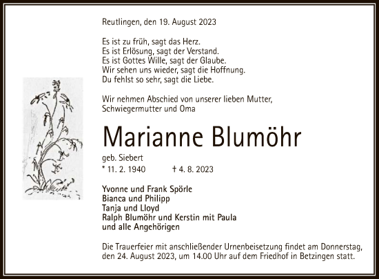 Anzeige von Marianne Blumöhr von Reutlinger General-Anzeiger