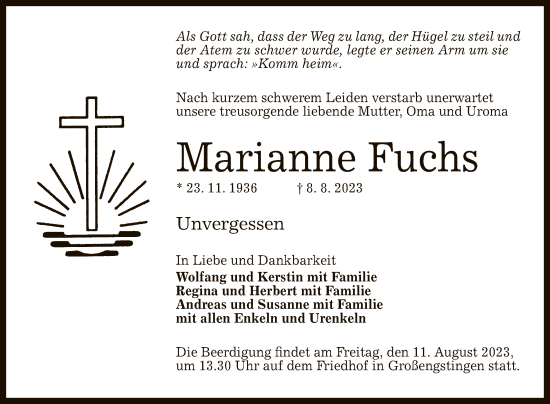 Anzeige von Marianne Fuchs von Reutlinger General-Anzeiger