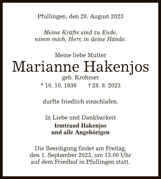 Anzeige von Marianne Hakenjos von Reutlinger General-Anzeiger