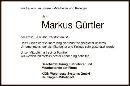 Anzeige von Markus Gürtler von Reutlinger General-Anzeiger