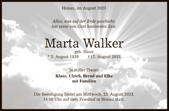 Anzeige von Marta Walker von Reutlinger General-Anzeiger