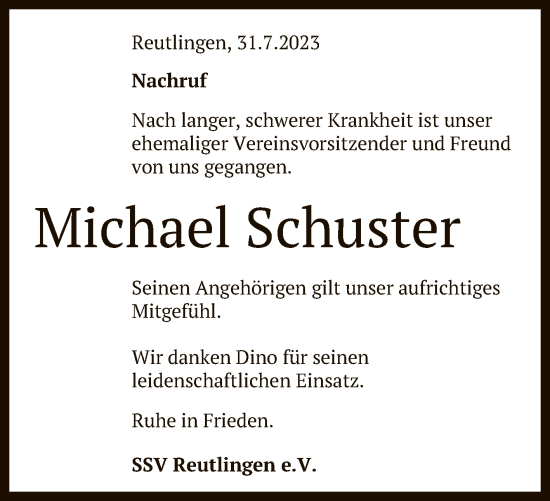 Anzeige von Michael Schuster von Reutlinger General-Anzeiger