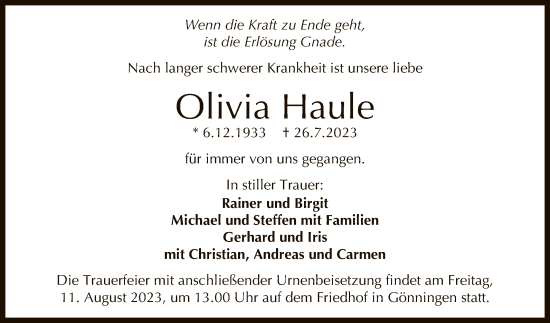 Anzeige von Olivia Haule von Reutlinger General-Anzeiger