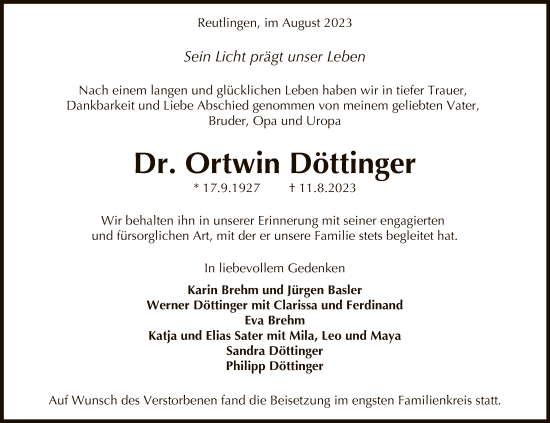 Anzeige von Ortwin Döttinger von Reutlinger General-Anzeiger
