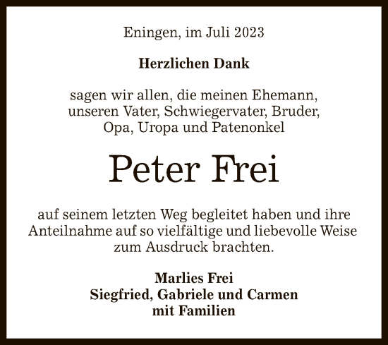 Anzeige von Peter Frei von Reutlinger General-Anzeiger