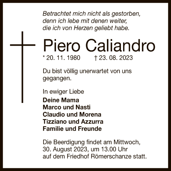 Anzeige von Piero Caliandro von Reutlinger General-Anzeiger