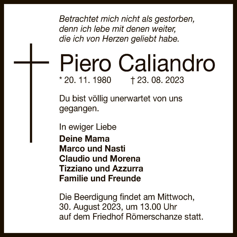  Traueranzeige für Piero Caliandro vom 26.08.2023 aus Reutlinger General-Anzeiger