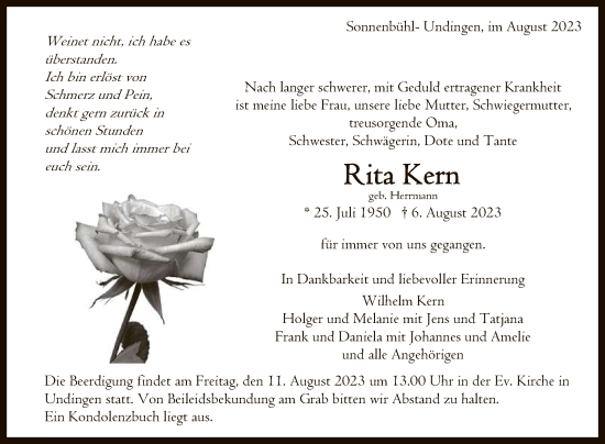 Anzeige von Rita Kern von Reutlinger General-Anzeiger