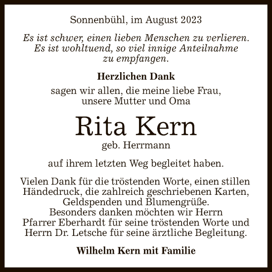 Anzeige von Rita Kern von Reutlinger General-Anzeiger