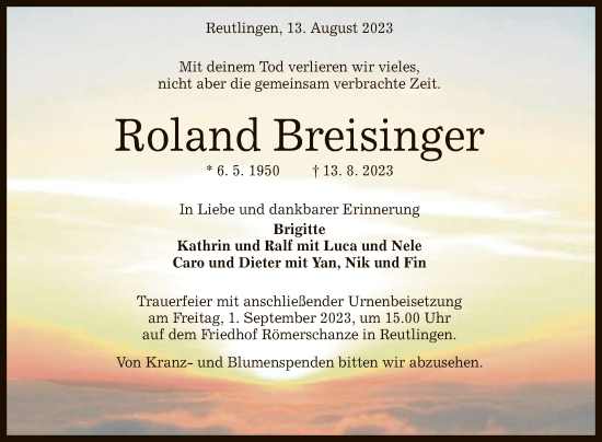 Anzeige von Roland Breisinger von Reutlinger General-Anzeiger
