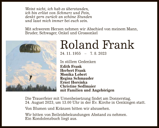 Anzeige von Roland Frank von Reutlinger General-Anzeiger