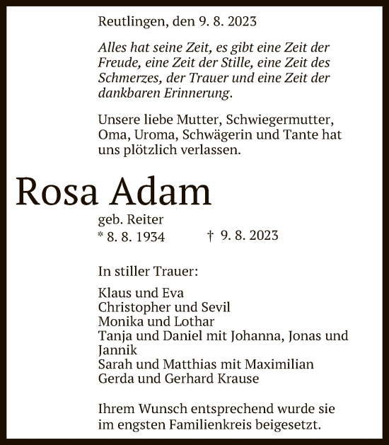 Anzeige von Rosa Adam von Reutlinger General-Anzeiger