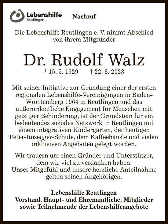 Anzeige von Rudolf Walz von Reutlinger General-Anzeiger