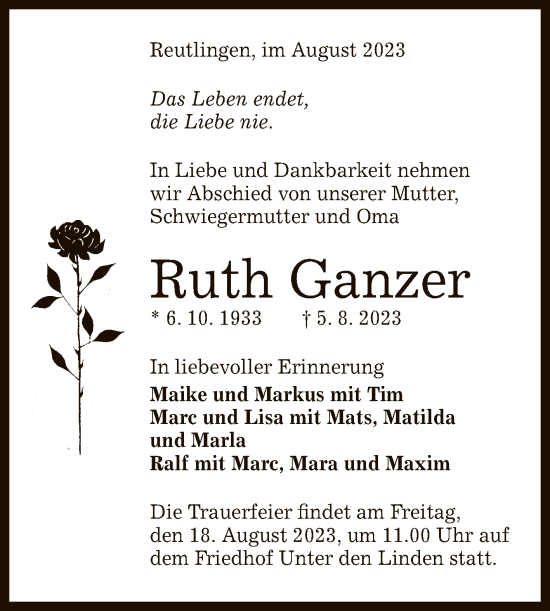 Anzeige von Ruth Ganzer von Reutlinger General-Anzeiger