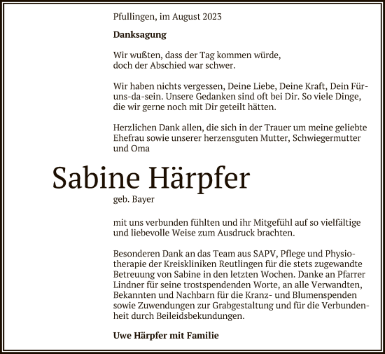 Anzeige von Sabine Härpfer von Reutlinger General-Anzeiger