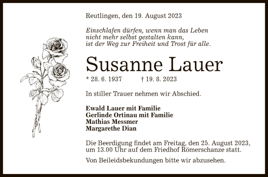 Anzeige von Susanne Lauer von Reutlinger General-Anzeiger