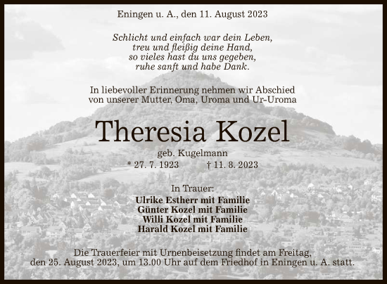 Anzeige von Theresia Kozel von Reutlinger General-Anzeiger