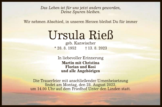 Anzeige von Ursula Rieß von Reutlinger General-Anzeiger