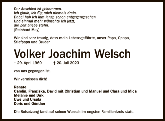 Anzeige von Volker Joachim Welsch von Reutlinger General-Anzeiger