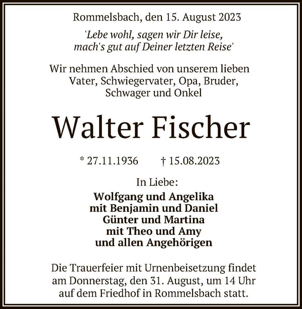  Traueranzeige für Walter Fischer vom 26.08.2023 aus Reutlinger General-Anzeiger