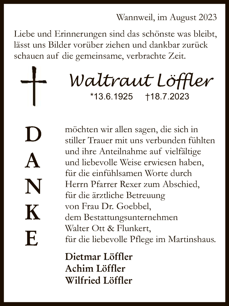  Traueranzeige für Waltraut Löffler vom 05.08.2023 aus Reutlinger General-Anzeiger