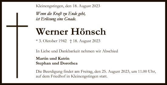 Anzeige von Werner Hönsch von Reutlinger General-Anzeiger
