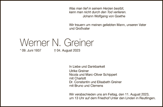 Anzeige von Werner N. Greiner von Reutlinger General-Anzeiger