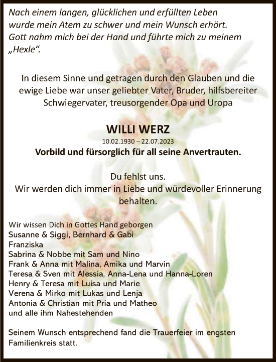 Anzeige von Willi Werz von Reutlinger General-Anzeiger