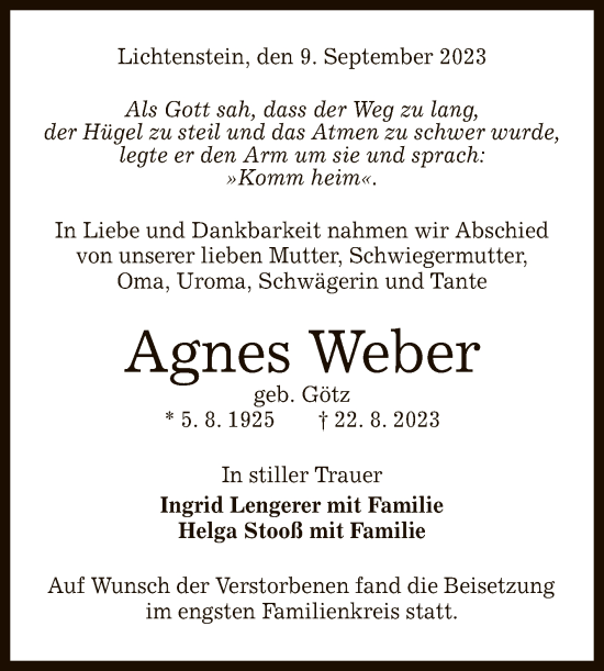 Anzeige von Agnes Weber von Reutlinger General-Anzeiger