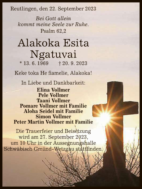 Anzeige von Alakoka Esita Ngatuvai von Reutlinger General-Anzeiger