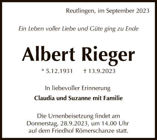Anzeige von Albert Rieger von Reutlinger General-Anzeiger