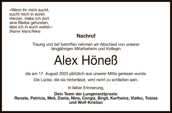 Anzeige von Alex Höneß von Reutlinger General-Anzeiger