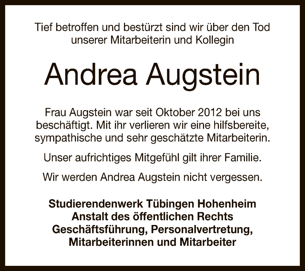  Traueranzeige für Andrea Augstein vom 02.09.2023 aus Reutlinger General-Anzeiger