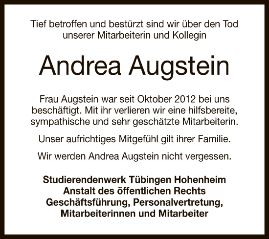 Anzeige von Andrea Augstein von Reutlinger General-Anzeiger