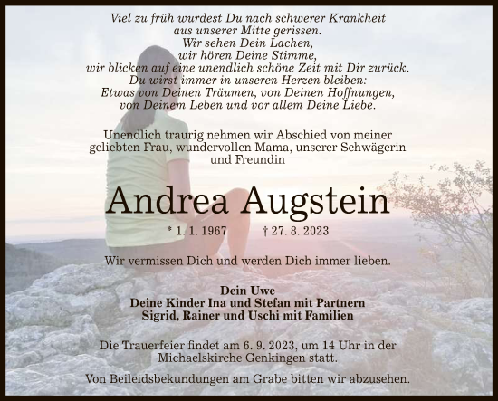 Anzeige von Andrea Augstein von Reutlinger General-Anzeiger