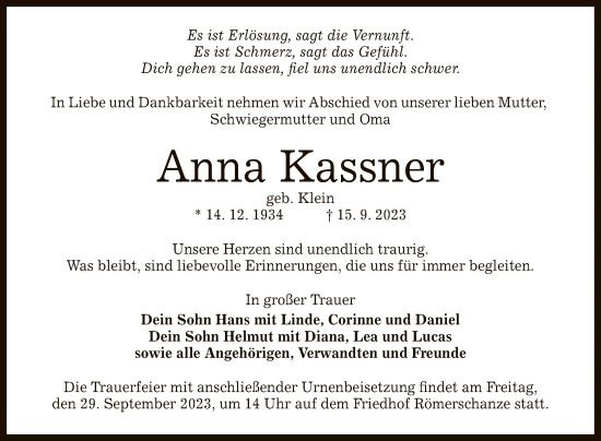 Anzeige von Anna Kassner von Reutlinger General-Anzeiger