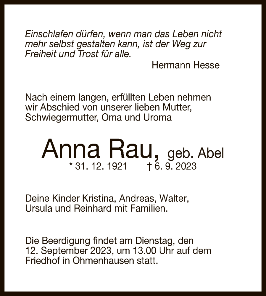  Traueranzeige für Anna Rau vom 08.09.2023 aus Reutlinger General-Anzeiger