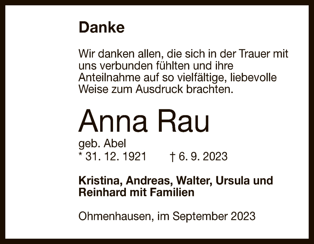  Traueranzeige für Anna Rau vom 22.09.2023 aus Reutlinger General-Anzeiger