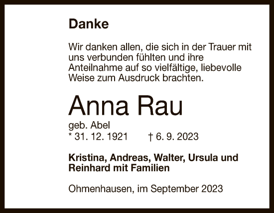 Anzeige von Anna Rau von Reutlinger General-Anzeiger