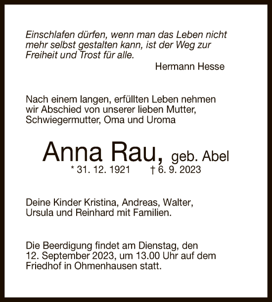 Anzeige von Anna Rau von Reutlinger General-Anzeiger