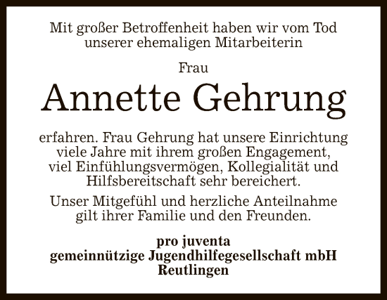 Anzeige von Annette Gehrung von Reutlinger General-Anzeiger