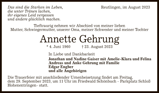 Anzeige von Annette Gehrung von Reutlinger General-Anzeiger