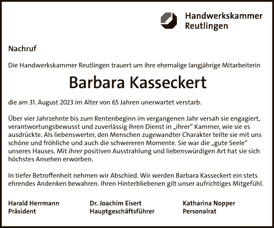 Anzeige von Barbara Kasseckert von Reutlinger General-Anzeiger