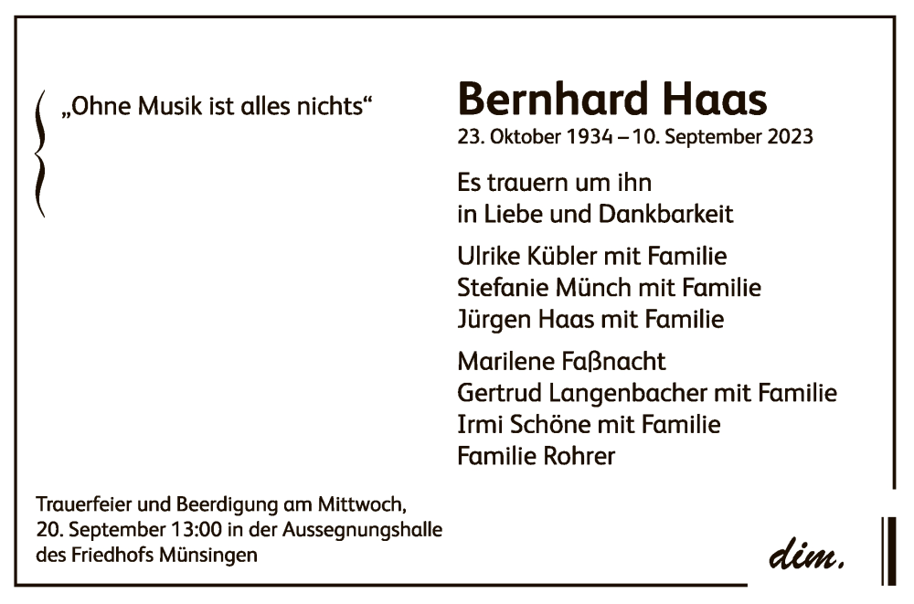  Traueranzeige für Bernhard Haas vom 14.09.2023 aus Reutlinger General-Anzeiger