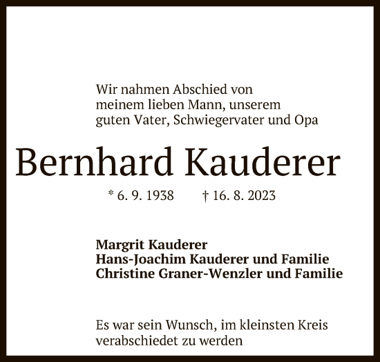 Anzeige von Bernhard Kauderer von Reutlinger General-Anzeiger